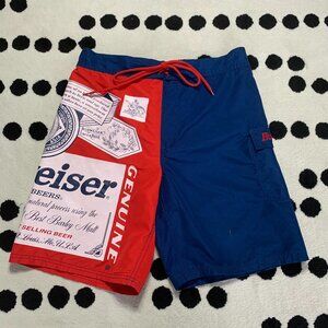 Budweiser Board Shorts Mens M Blue Red Logo Beer Logo Spellout Swim Trunks Beach